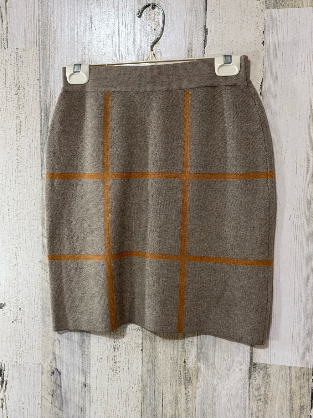 Saks Fifth Avenue Taupe Pencil Skirt with Rust Windowpane